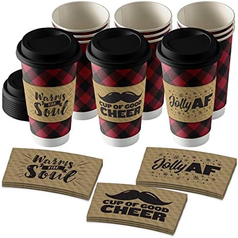 Live It Up! Party Supplies Disposable Hot Coffee Cups - Red & Black Buffalo Plaid, 12-ct with Lids and Holiday Kraft Sleeves Design 1