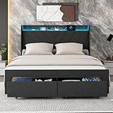 Queen Bed Frame with Headboard and 2 Storge Drawers Upholstered Platform Bed Frame Queen Size with Charging Station & LED Heavy-Duty Metal Slats Support No Box Spring Needed, Noise Free