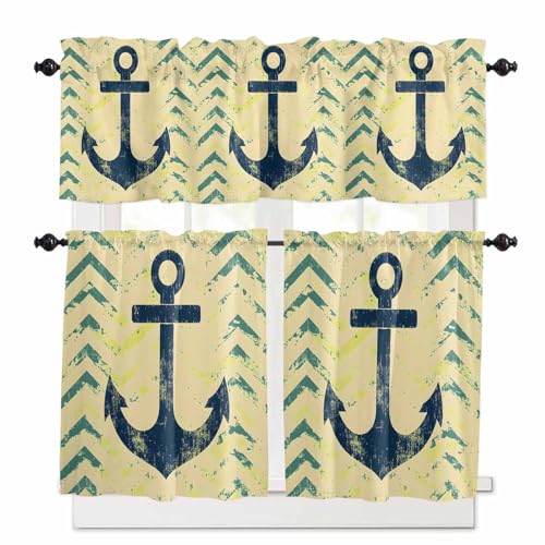 Anchor Nautical Kitchen Curtains 36 Inch Length, 3 Piece Rod Pocket Small Half Tiers and Valance Set, Green Yellow Wave Stripe Retro Small Large Window Treatment Decor for Bedroom/Bathroom Sink