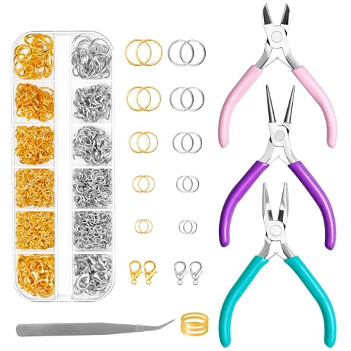Gkelaly Jump Rings and Jewellery Pliers Set for Jewellery Making and Repair Kit with Lobster Clasps and 3pcs Pliers for DIY Bracelet, Necklace, Earring and Keychain