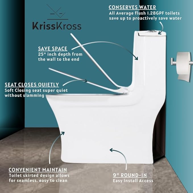 Image of KrissKross Premium One Piece Ceramic Western Floor Mounted Western Toilet /Commode /European Commode Square With Soft Close Seat Cover For Toilets S-Trap Outlet Is From Floor- White Color