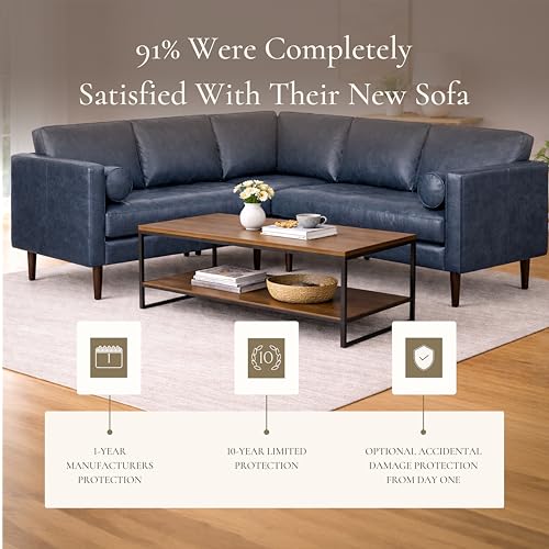 Image of Poly & BARK Napa 98 inch Leather Corner Sectional Sofa - Full-Grain Italian-Tanned Aniline Leather, Feather-Down Comfort, Solid Wood Frame - Nightfall Blue