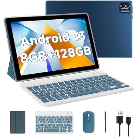 Android 13 Tablet with Keyboard, 10.1 Inch 8GB RAM+128GB ROM/1TB Expandable Tablet PC, Quad-core 1.8GHz CPU, 1280*800 10" HD Screen, 2.4G/5G WiFi 6 BT 5.0 Tablet, 2 in 1 Tablets with Case Mouse Stylus Cover