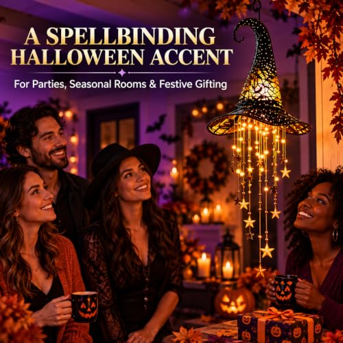 Halloween Witch Hat Hanging Decor Light, Battery Operated Lighted Witch Hat with Warm Glow, Hollow Cutout Design, Cascading Star Tassels and Wind Chime Effect for Indoor Porch Party Home Decorations - image 6