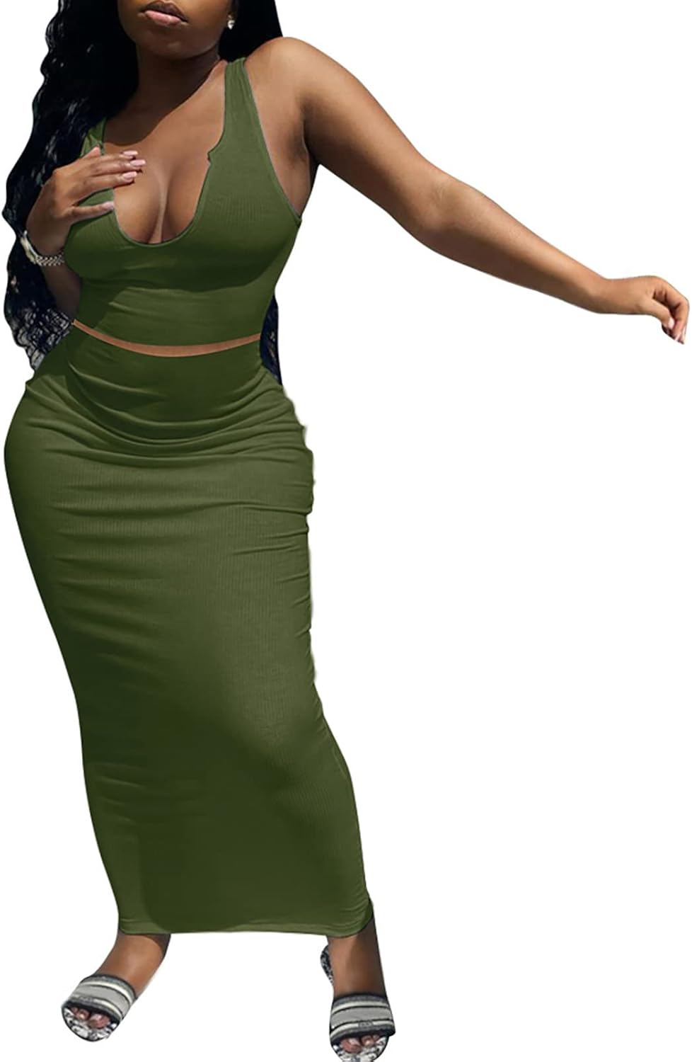 Womens Sexy Summer Scoop Neck Ribbed 2 Piece Outfits Dress Crop Tank Top Maxi Long Skirt Set Beach Party Dress