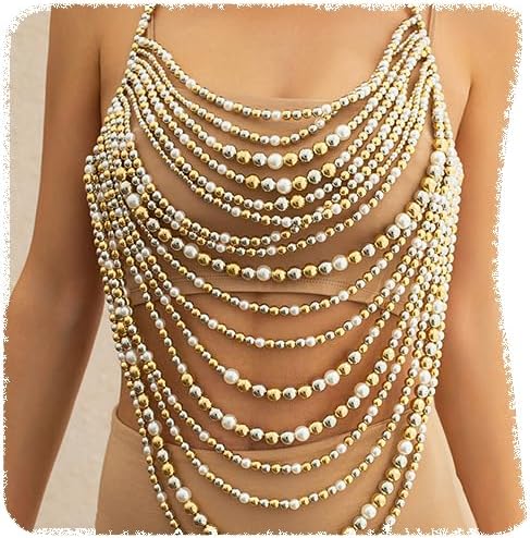 Exaggerated Mix-ed Color Multi-layer Imitation Pearl Beaded Body Chain Backless Top Bikini Breast Chain for Women Summer Beach Party