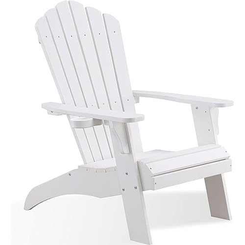 Psilvam Adirondack Chair, Oversized Poly Lumber Fire Pit Chair with Cup Holder, 350Lbs Support Patio Chairs for Garden, Weather Resistant Outdoors Seating, Relaxing Gift for Father & Mother (White)