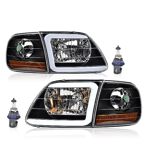 PIT66 LED DRL Headlights & Corner Parking Lights Kit Compatible with 1997-2002 Ford Expedition/Fit 1998-2003 Ford F150 /2004 F150 Heritage/Fit 1998-1999 F250 Clear Lens Black Housing Amber Reflector