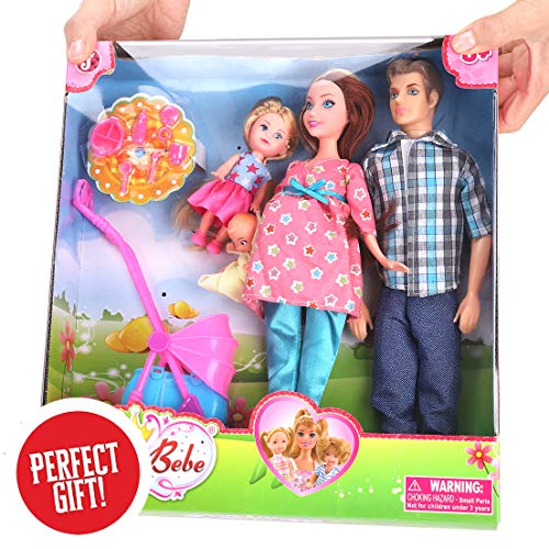 Liberty Imports Happy Family Welcome Baby 11.5-Inch Pregnant Doll Toy Husband & Wife With Daughter, Newborn, Stroller And Accessories Playset (22 Pieces) #TOP6