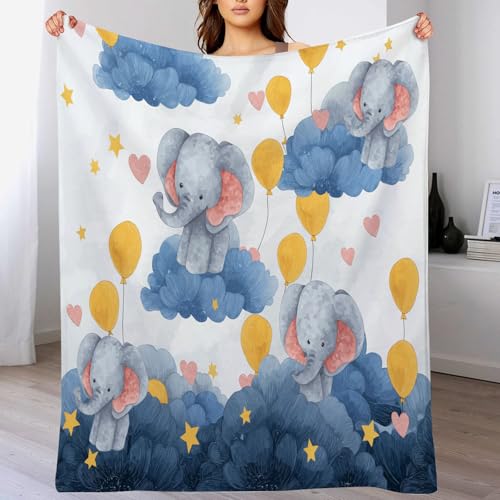 Kuscheldecke Flauschig 180 × 200 cm, Kuscheldecken mit Süßer Elefant Motiv Fleecedecke Weich & Warme, 3D Cartoon Tiere Wolken Wohndecke Flanell Fluffy Blanket Sofadecke Blau