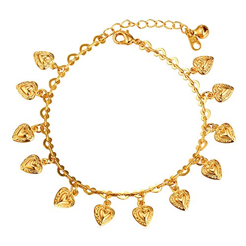 U7 Heart Charm Bracelet for Ankle 18K Gold Plated Heart Link Chain Anklet Barefoot Sandals Leg Jewelry, 21-26CM Long