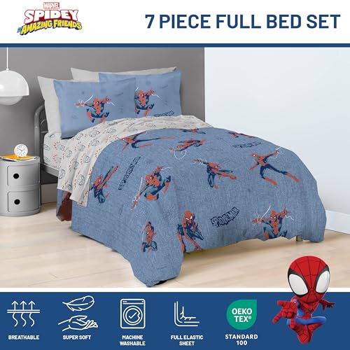 Image of Marvel Spiderman Full Comforter Set 7 Piece Bedding for Boys, Blue | Bed in a Bag, Comforter Sheets Shams Pillowcases, Official Product, Soft Microfiber, Machine Washable, Boys Gift