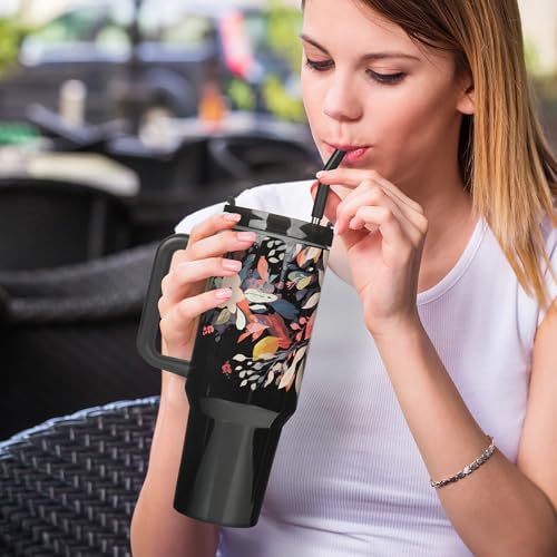 Image of Christian Art Gifts Extra Large Stainless Steel Double Wall Vacuum Insulated Travel Tumbler for Women: Hope & Future Inspirational Scripture, Lid, Straw, Sturdy Handle, Black Multicolor Floral, 40 oz.