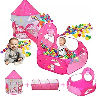Kids Play Tent for Girls, 3 in 1 Pop Up Playhouse with Ball Pit Crawl Tunnel Basketball Hoop Outdoor Indoor Play Game House for Boys Toddler