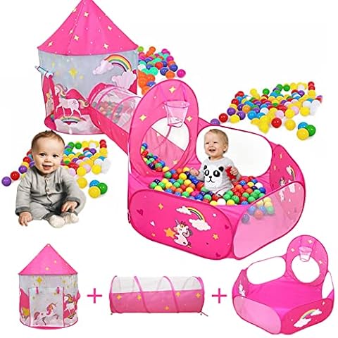 Kids Play Tent for Girls, 3 in 1 Pop Up Playhouse with Ball Pit Crawl Tunnel Basketball Hoop Outdoor Indoor Play Game House for Boys Toddler Cover