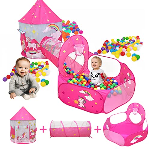 Kinderzelt Spielzelt, Traumzelt Spielzelt mit Tunnel und Bällebad 3 in 1 Innen Spielhaus Tragbar Ideal für Baby Jungen Mädchen(Einhorn) Cover