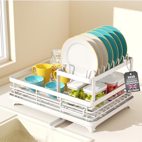Mihoho Égouttoir à vaisselle en acier inoxydable pour comptoir de cuisine, grand égouttoir à vaisselle en métal antirouille à 2 niveaux, porte-ustensiles, porte-gobelet (blanc A)