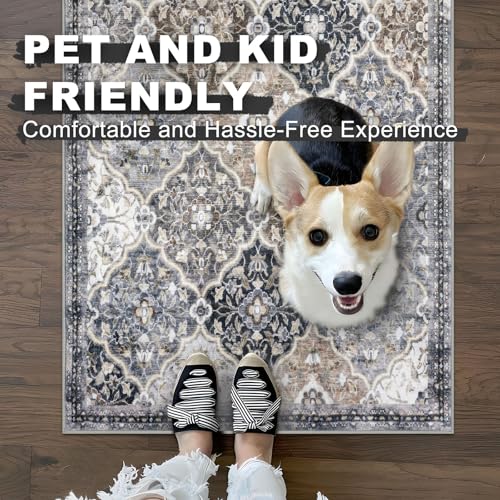KILOCOCO 2x6 Runner Rug, Moroccan Super Soft Washable Hallway Runner Rug, Accent Print Faux Wool Kitchen Runner Rug 6 Feet Non-Slip Boho Rug Runner for Laundry Room Bedroom, Greenish Gray Beige