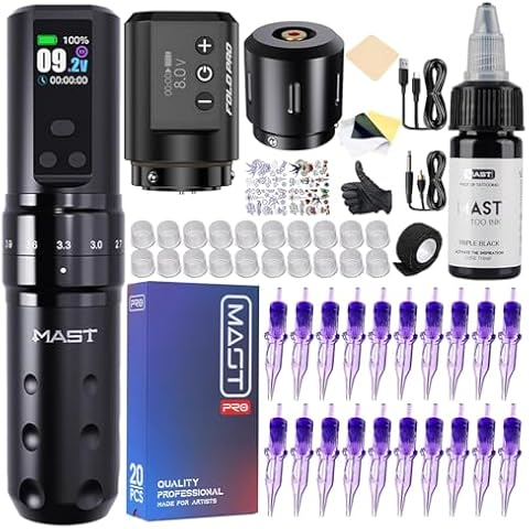 Mast Fold2 Pro Tattoo Kit, Wireless Complete Tattoo Gun Machine Kit, 2 Batteries 2000mAh Power Supply for Long Time, Needles Cartridges Black Tattoo Ink Kit (Black) Cover