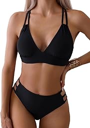 Mujer Bikini Sexy Traje de Baño 2 Piezas Cuello en V Bikinis Brasileño con Triángulo Bañadores Bikini Top y Braga Cintura Alta Conjunto de Bikinis Playa