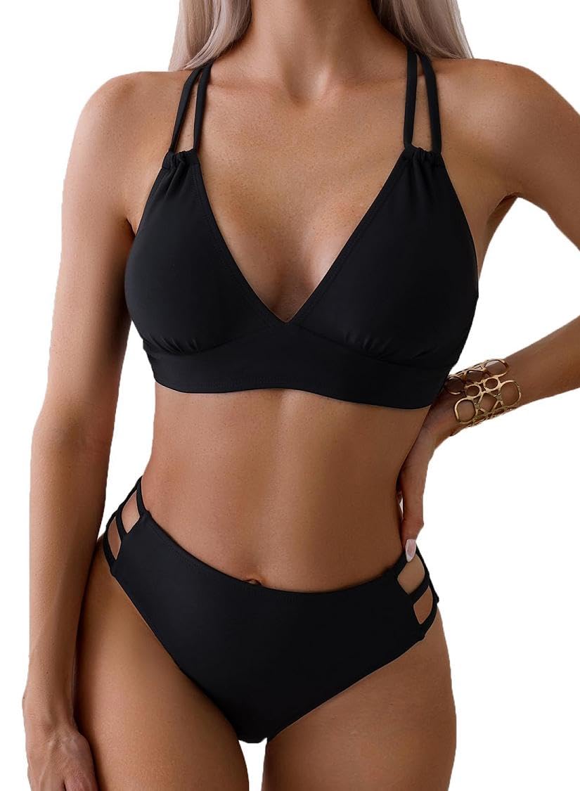 Mujer Bikini Sexy Traje de Baño 2 Piezas Cuello en V Bikinis Brasileño con Triángulo Bañadores Bikini Top y Braga Cintura Alta Conjunto de Bikinis Playa