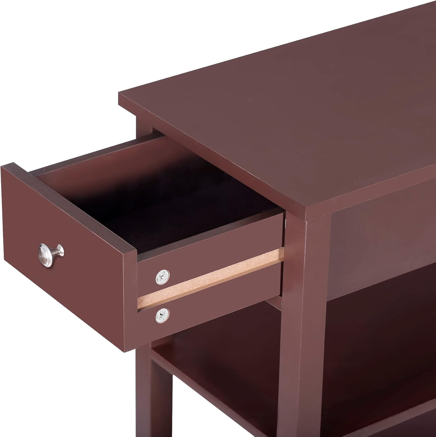 HomGarden Narrow End Tables with Drawer and Shelf for Small Space, 3-Tier Brown Sofa Side Table with Storage for Living Room Bedroom Entryway Office, Set of 2