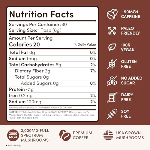 Image of RYZE SUPERFOODS Mushroom Dark Roast Coffee Starter Kit, Instant Coffee with 6 Adaptogenic Mushrooms and Better Energy, Focus, Digestion, Immunity with Lions Mane & Turkey Tail 30 Serving Each