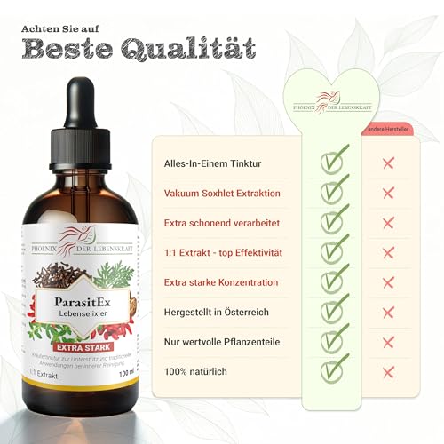 ParasitEx Kräutertinktur 100 ml – bei bestehender Parasitenkur – 1:1 Extrakt mit Wermut, Berberitze, Schwarznuss, Thymian, Nelken – Darmreinigung & Detox – vegan, hochdosiert, pflanzlich