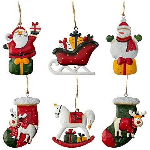 Crafjie Metal Christmas Tree Ornaments 6-Pack Xmas Hanging Ornaments Santa Snowman Christmas Stocking Sleigh Ornaments for Christmas Tree Holiday Decorations, Outdoor Holiday Home Decorations Cover