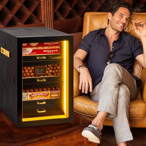Marvero Cigar Humidor, Desktop Humidor Cabinet Triple-Sided Light with Digital Hygrometer, Humidifier and Humidity Packs. 4 Cedar Wood Drawers, Cigar Humidor Box can Hold 200 Cigars,Present for Men - Thumbnail 2