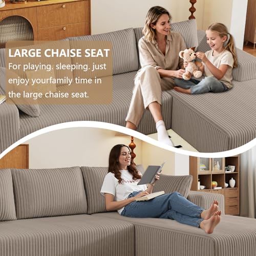 Image of 96 inch Modular Sectional Couch, Boneless L Shaped Cloud Sofa with Chaise Lounge, Corduroy Upholstered Couches Memory Foam Deep Seat, No Assembly Required, Ideal for Living Room(Camel, Right Facing)