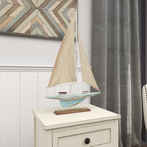 Deco 79 Wood Sail Boat Decorative Sculpture Distressed Home Decor Statue with Cream Linen Sails and Brown Accents, Accent Figurine 14" x 2" x 22", Blue - Image 7