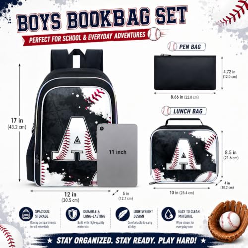 Image of AGSDON 3PCS Baseball Backpack for Boys, 17 inch Kids Bookbag Water Resistant and Lightweight with Lunch Box for Teen