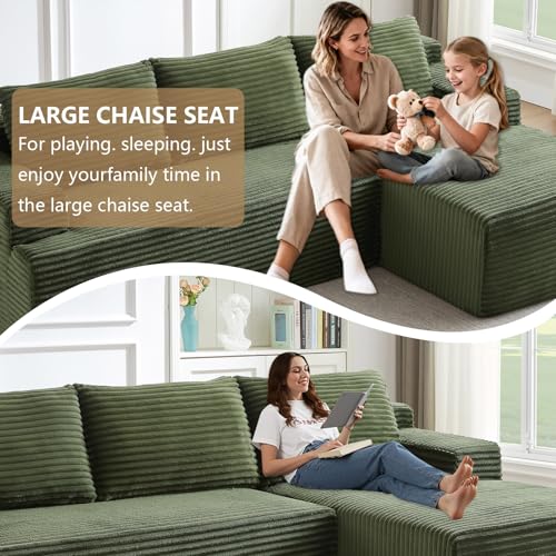 Image of 96.1 inch Modular Sectional Sofa Couches L-Shape Couch 3 Seat Modular Sofa Corduroy Memory Foam Sectional Boneless Couches for Living Room, Cloud Couch with Oversized Chaise(Green, Right Facing)