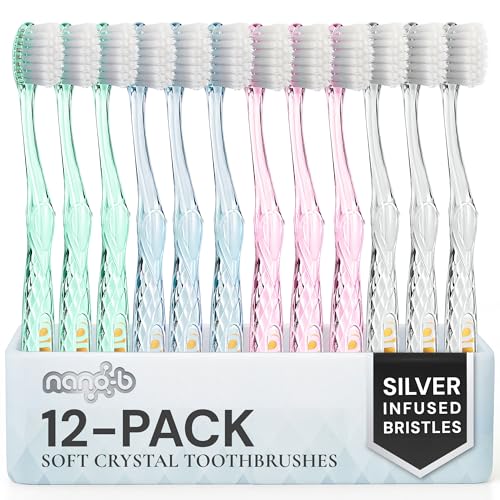 Image of Nano-b Manual Toothbrush Set for Adults with Sensitive Gums, Silver Soft /Medium Bristles, Travel Cases, Blue, Pink, Green, Crystal, 12-Pack