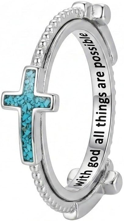 Cross Fidget Ring for Women Anxiety Relief Spinner Ring Turquoise Christian Ring Jewelry Gifts for Mom Wife (8)