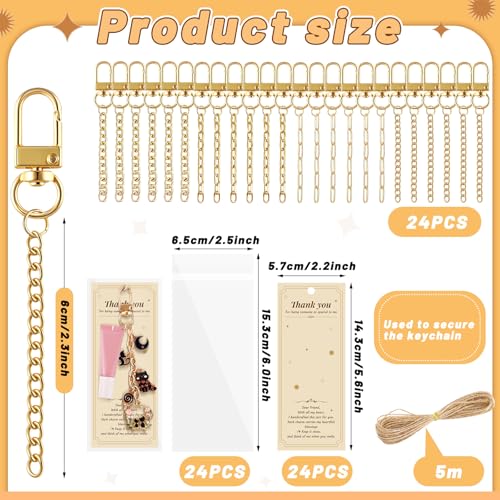 Image of Wurosi 24 Set Lip Gloss Keychain Making Kit, Gold Keychain Clips Hooks with Extender Chain, Cellophane Bags, Thank You Cards, 5M Hemp Rope, for DIY Key Chain Making Crafts, Christmas Gifts
