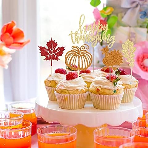 Bejotaa 25PCS Thanksgiving Cupcake Toppers Fall Leaves Gold Leaf Cake topper Food Picks Pumpkin Pie Decoration Toppers for Thanksgiving Party Food Decoration Cover
