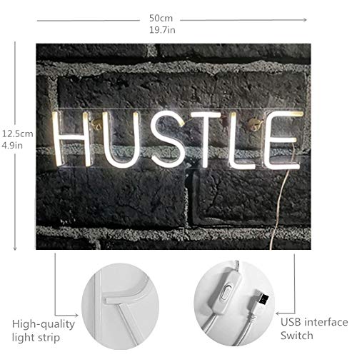 Hustle LED Neon Sign Novelty Light Wall Art Decorative Wall Hanging Sign for Bedroom Living Room Kid’s Room Party Home Decor Neon Night Light USB Powered Large 19.7x4.9” White - Thumbnail 4