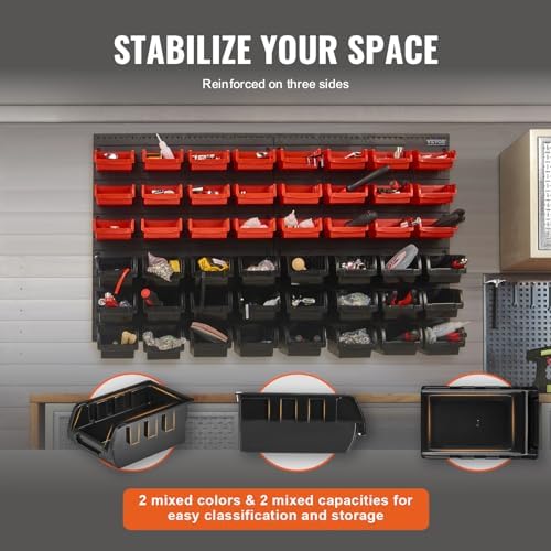 VEVOR Wall Mounted Storage Bins, 48-Bin Parts Rack Organizer Garage Plastic Shop Tool with Wall Panels, Tool Organizer for Nuts, Bolts, Screws, Nails, Beads, Buttons, Other Small Parts, Black and Red - 3