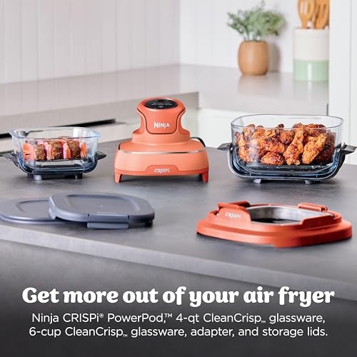 Image of Ninja Crispi 4-in-1 Glass Air Fryer | 450F | Non-Toxic | 4QT & 6-Cup Glass Containers w /Lids | Microwave, Freezer, Dishwasher Safe | Max Crisp, Air Fry, Bake, Recrisp | Orange Pepper | FN101OR
