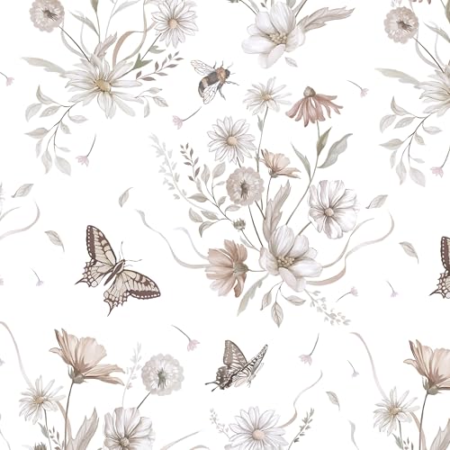 Vinjiasin Wallpaper Peel and Stick Floral Butterfly Contact Paper Vintage Flower Leaf Wall Paper for Bathroom Bedroom Self Adhesive Removable17.3 x 78.7'