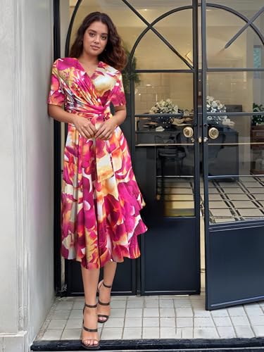 Image of Comfortable Dresses for Women Stretchy Flattering Fit Tie-dye Wrap Dress V Neck Short Sleeve Tie Waist Daily Wear Party Vacation