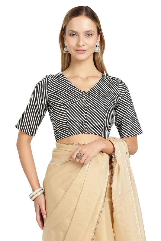 naidu hall Women Readymade Cotton Saree Blouse V Neck Striped Blouse Front Open Print Blouse Saree Blouse for Women-picture-8