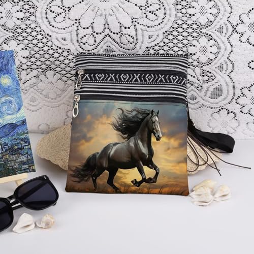 Black Horse Women Crossbody Bag Stylish Travel Adjustable Shoulder Strap Men Messenger Bag Outdoor Casual Purse Birthday Christmas Gift for Adult Horse Lovers3