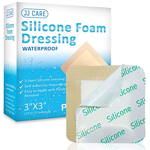 JJ CARE [Pack of 10] Silicone Foam Dressing 3â€ x 3â€, Sacral Foam Dressing, Bordered Self Adhesive 5-Layer Foam Dressings for Wounds, High Absorbency Sacrum Foam Dressing, Bendable for Fast Healing