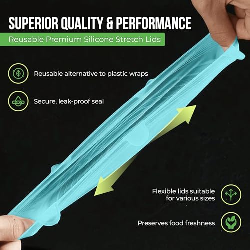Image of Reusable Silicone Stretch Lids for Food Storage in Fridge - Elastic Heat-Resistant Bowl Covers, Cups, Cans, Jars - Universal Food Grade Lid for Containers - 7 Pack - Light Green Stretchy Lid Set