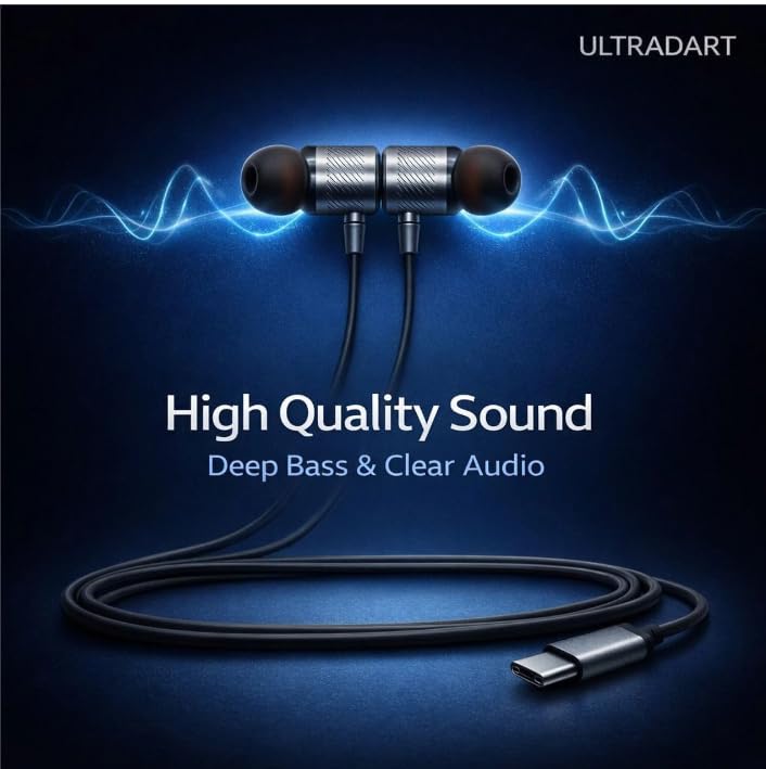 Image of Type C Wired Earphone, Deep Blue, Magnetic, with Premium Pouch, 120 cm Wire, Gaming, Compatible with All Smart Phones, Android, iPhone, iPhone 17,16, SAMSUNGS-26,25 (DEEP Blue)