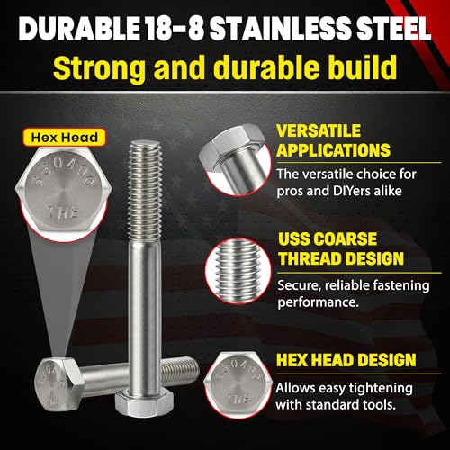 Image of Chenango Supply 5 /8-11 x 5-1 /2 inch Stainless Steel Hex Head Bolts | 304 Stainless, USS Coarse Thread, 100,000-125,000 PSI Tensile Strength, Corrosion-Resistant Hardware Bolts, (10 Pieces)