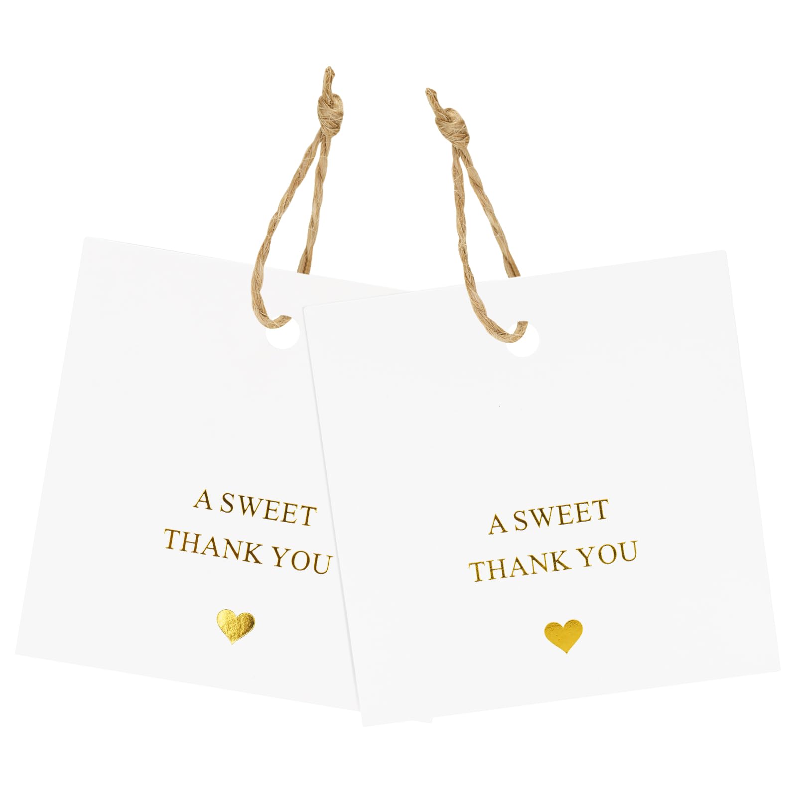 joycraft A Sweet Thank You Tags with String, 2.5 in Square Gold Foil Gift Hangtags, 50Pcs White Paper Thank You Tags for Wedding, Birthday, Baby